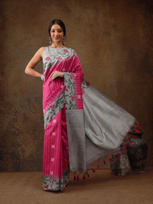 Pink Silk Blend Striped Saree with Digital Print
