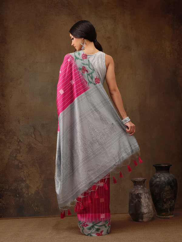 Pink Silk Blend Striped Saree with Digital Print