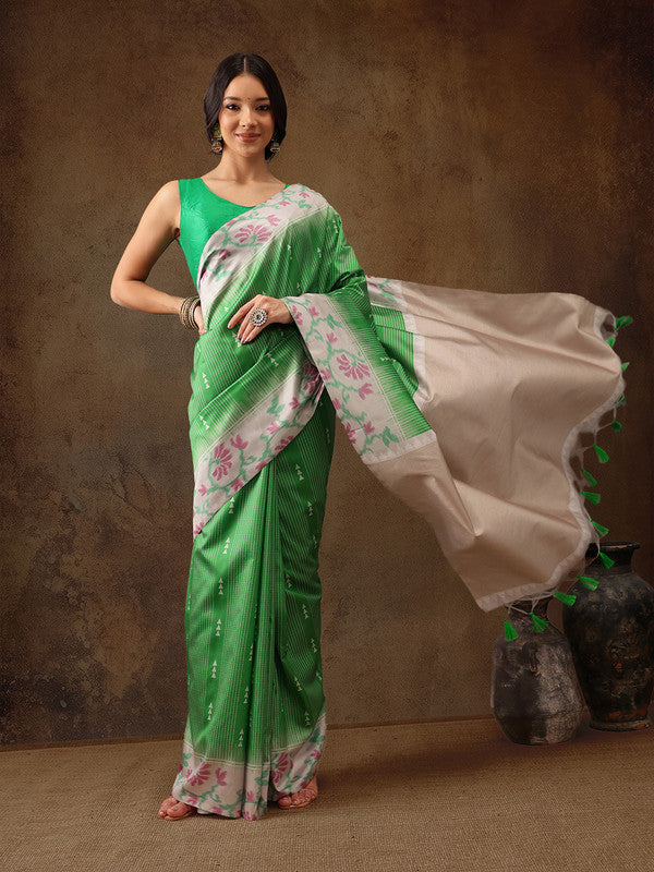Green Silk Blend Striped Digital Print Saree with Unstitched Blouse