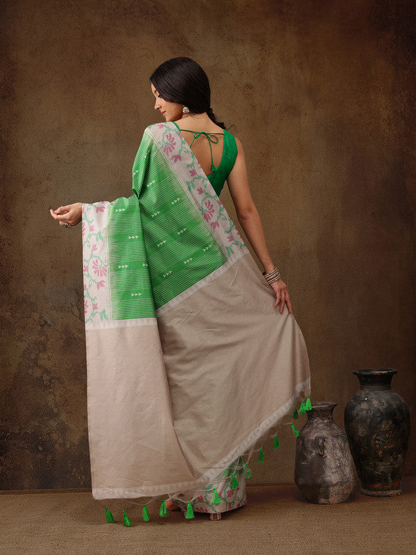 Green Silk Blend Striped Digital Print Saree with Unstitched Blouse