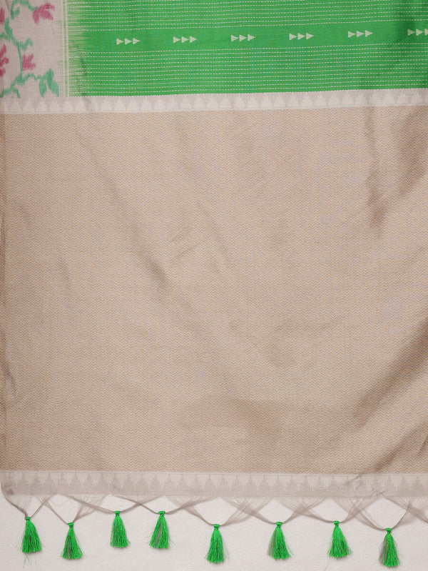 Green Silk Blend Striped Digital Print Saree with Unstitched Blouse