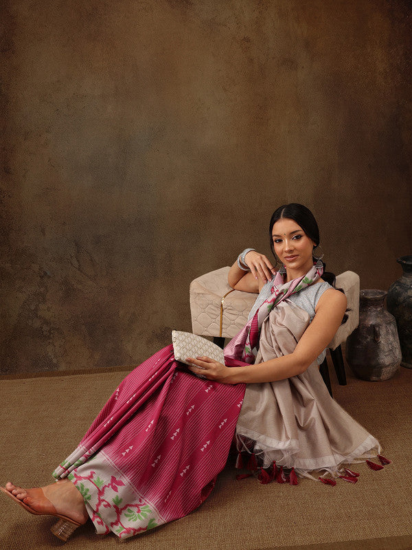 Maroon silk blend saree with digital striped print and unstitched blouse piece