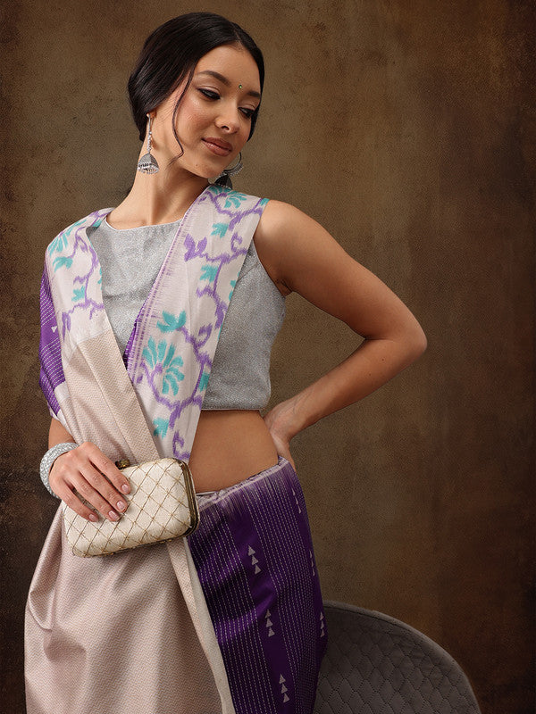 Purple silk blend striped digital print saree with unstitched blouse piece