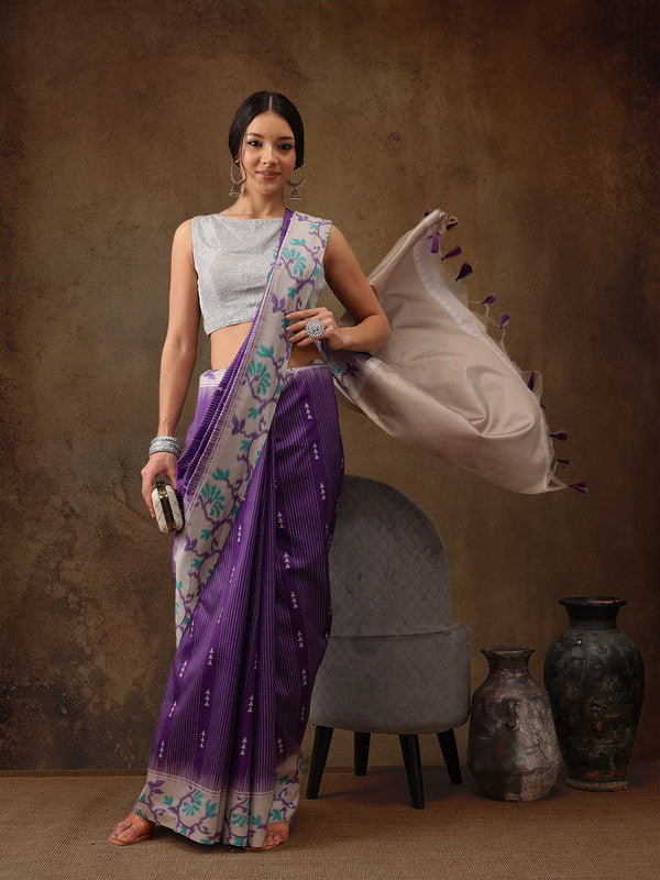 Purple Striped Digital Print Silk Blend Saree with Blouse Piece
