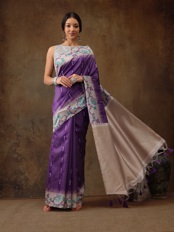 Purple Striped Digital Print Silk Blend Saree with Blouse Piece
