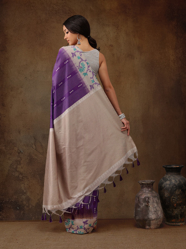 Purple Striped Digital Print Silk Blend Saree with Blouse Piece