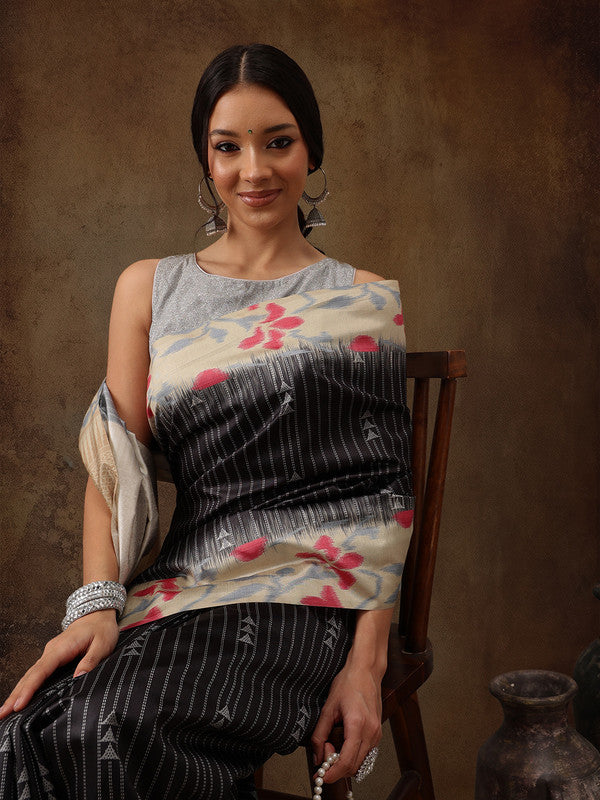 Black silk blend saree with digital print stripes and matching blouse piece
