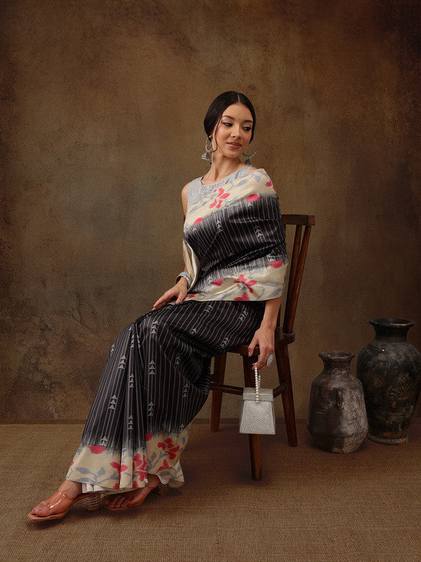 Black Silk Blend Digital Print Striped Saree with Blouse