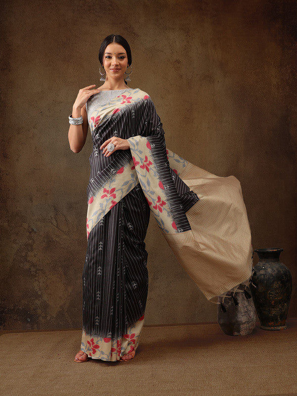 Black Silk Blend Digital Print Striped Saree with Blouse