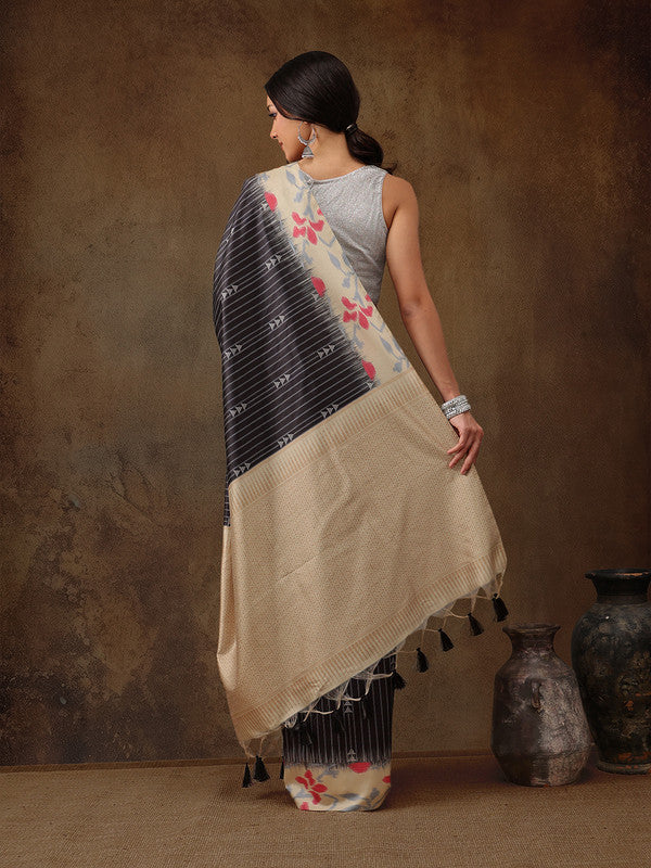 Black Silk Blend Digital Print Striped Saree with Blouse