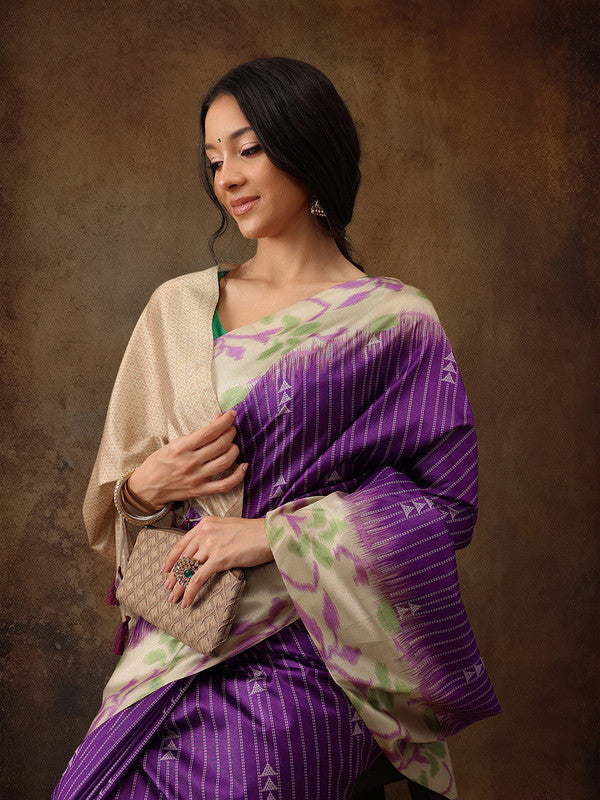 Purple silk blend saree with digital print striped design and unstitched blouse