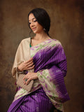Purple silk blend saree with digital print striped design and unstitched blouse