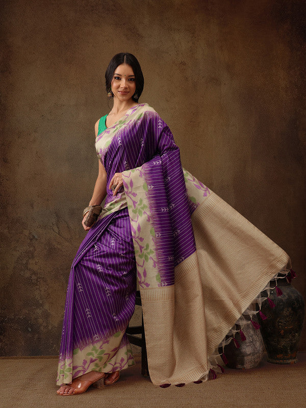 Purple Silk Blend Digital Print Striped Saree with Blouse