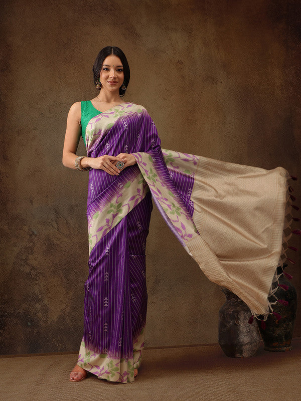 Purple Silk Blend Digital Print Striped Saree with Blouse
