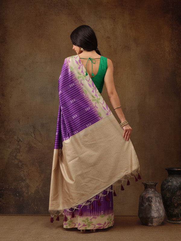 Purple Silk Blend Digital Print Striped Saree with Blouse