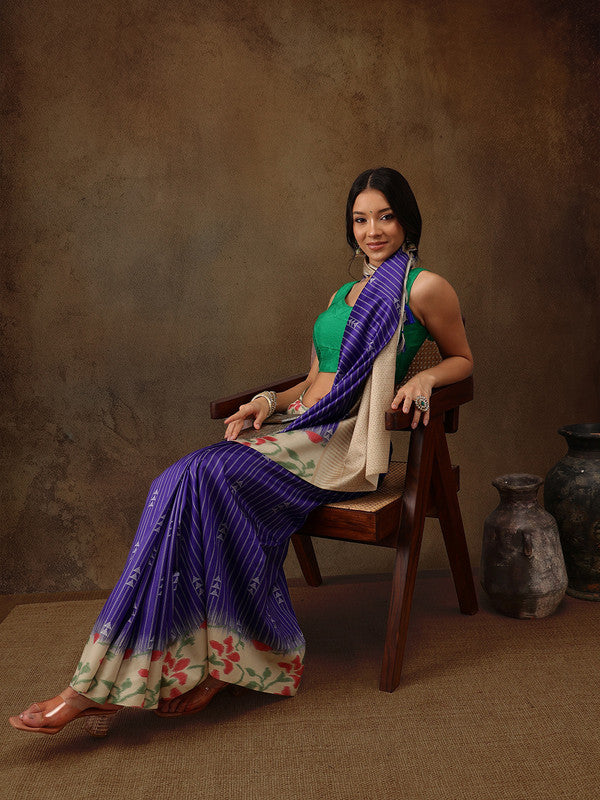 Royal Blue silk blend saree with digital print stripes and matching unstitched blouse