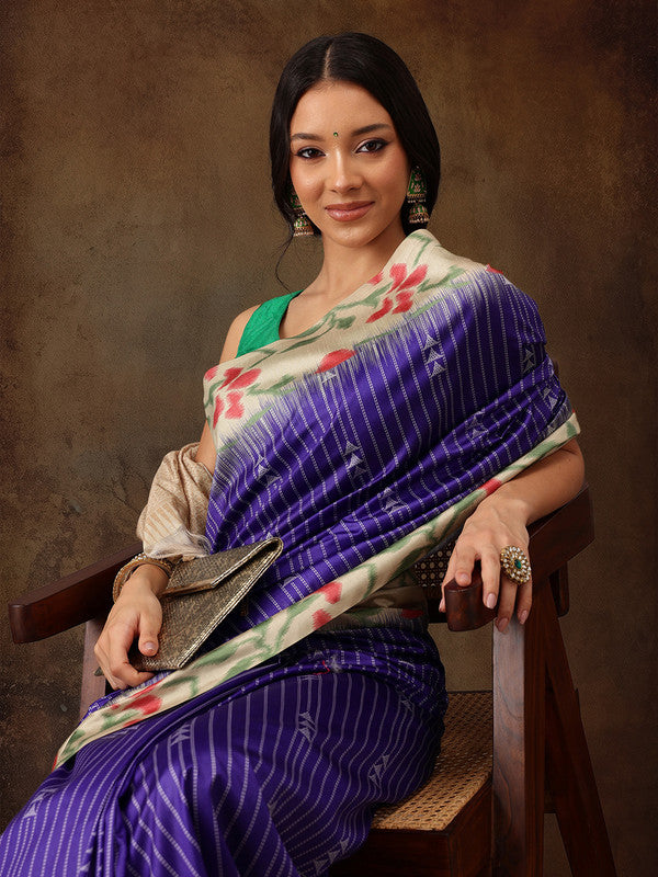 Royal Blue Silk Blend Striped Digital Print Saree with Blouse