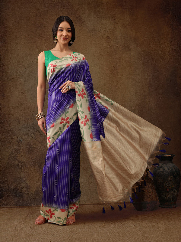 Royal Blue Silk Blend Striped Digital Print Saree with Blouse