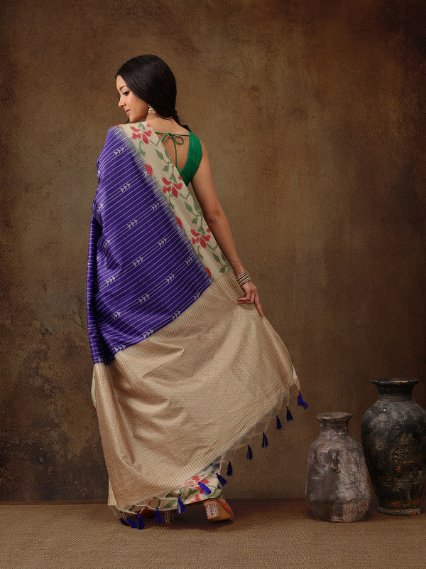 Royal Blue Silk Blend Striped Digital Print Saree with Blouse