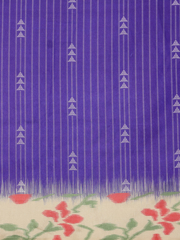Royal Blue Silk Blend Striped Digital Print Saree with Blouse