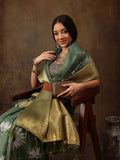 Green Munga silk saree with floral digital print and unstitched blouse piece.