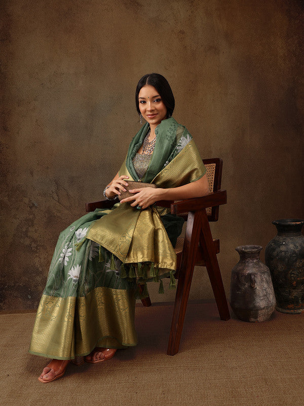 Green Munga Silk Digital Print Floral Saree with Blouse Piece