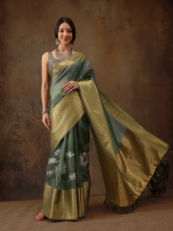 Green Munga Silk Digital Print Floral Saree with Blouse Piece