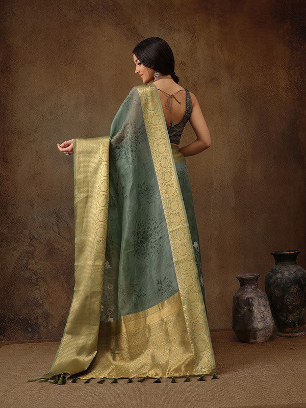 Green Munga Silk Digital Print Floral Saree with Blouse Piece