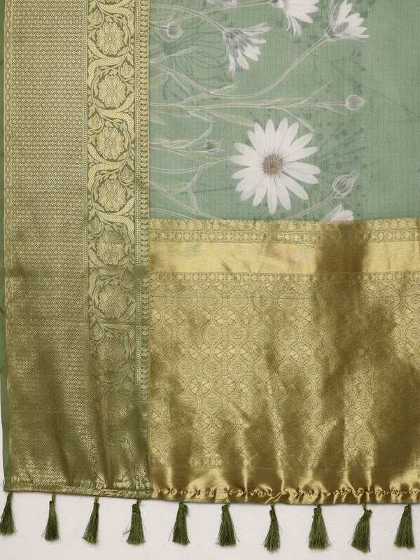 Green Munga Silk Digital Print Floral Saree with Blouse Piece