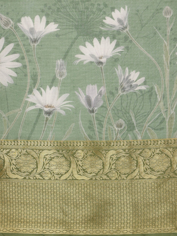 Green Munga Silk Digital Print Floral Saree with Blouse Piece