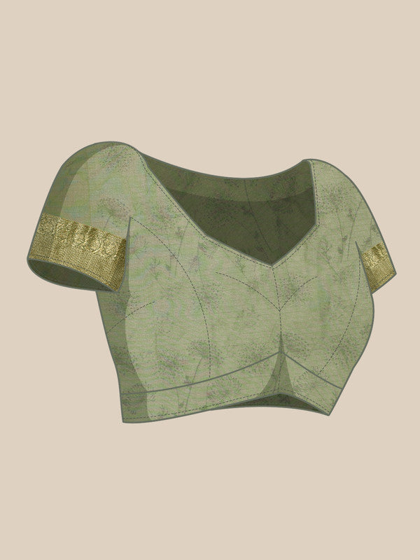Green Munga Silk Digital Print Floral Saree with Blouse Piece