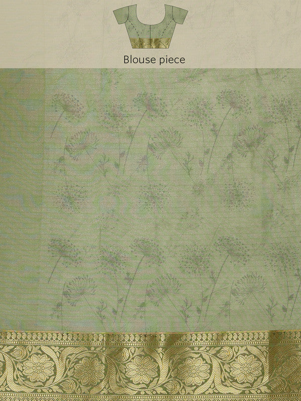 Green Munga Silk Digital Print Floral Saree with Blouse Piece