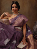Lavender Munga silk saree with floral digital print and matching unstitched blouse fabric.