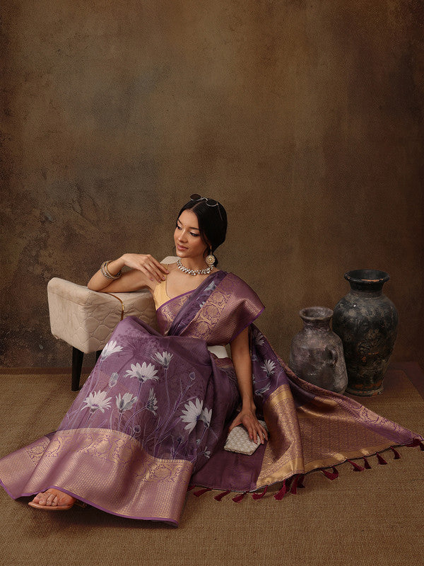 Lavender Munga Silk Floral Digital Print Saree with Blouse