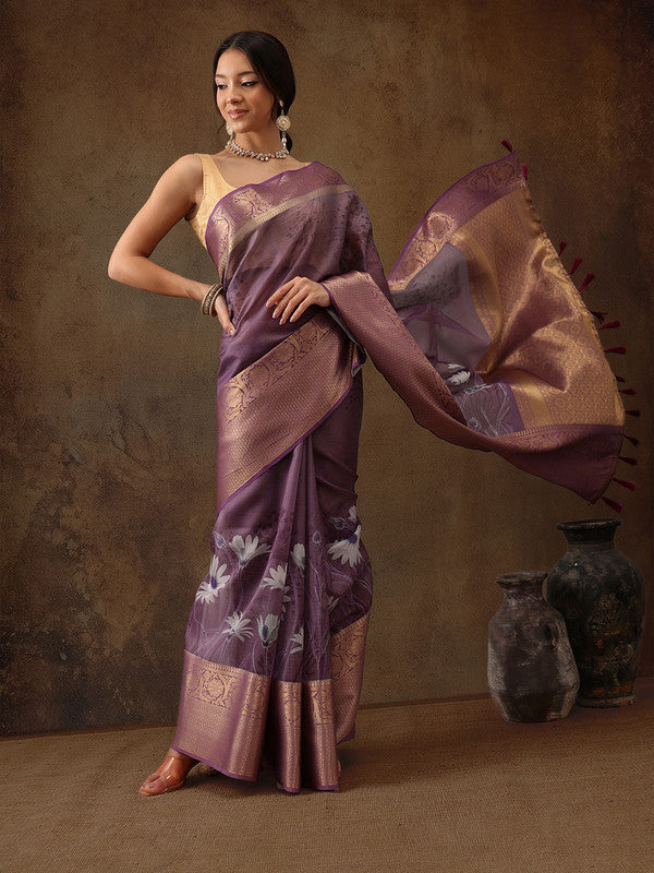 Lavender Munga Silk Floral Digital Print Saree with Blouse