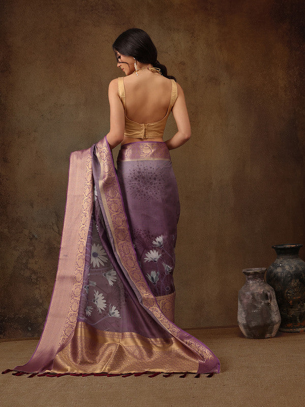 Lavender Munga Silk Floral Digital Print Saree with Blouse