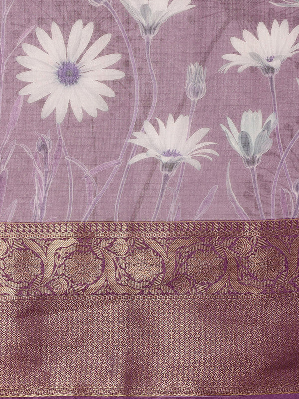 Lavender Munga Silk Floral Digital Print Saree with Blouse