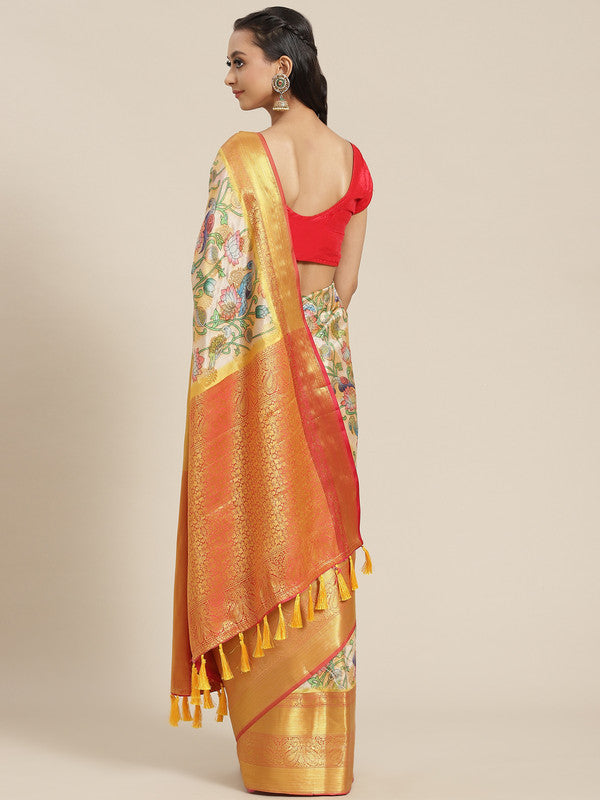 Multicolor floral print art silk saree with gold and red border, paired with an unstitched blouse piece