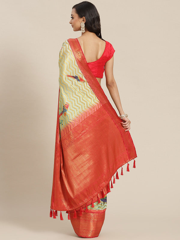 Green Art Silk Abstract Printed Saree with Unstitched Blouse