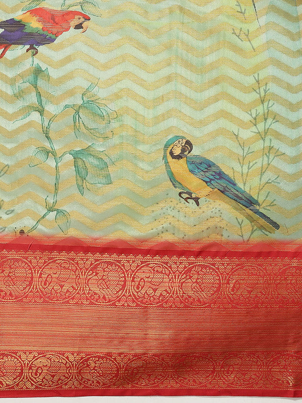 Green Art Silk Abstract Printed Saree with Unstitched Blouse