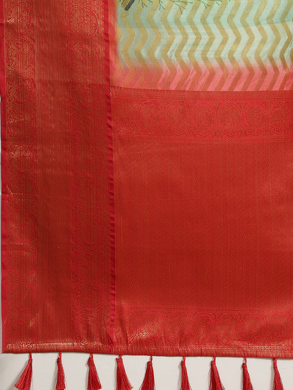 Green Art Silk Abstract Printed Saree with Unstitched Blouse