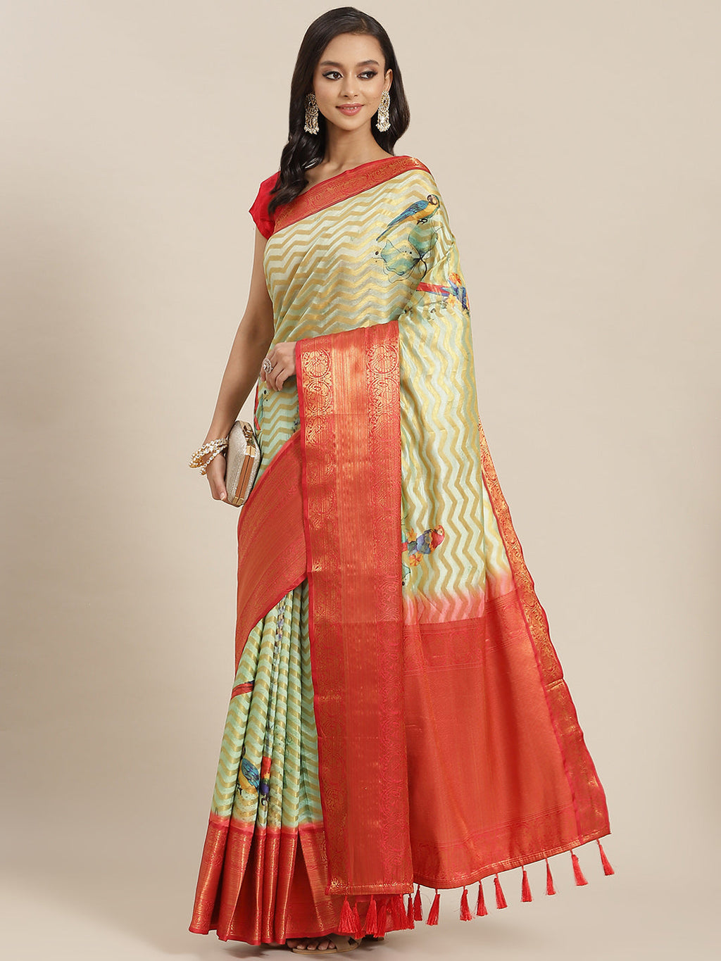 Green art silk saree with abstract print and unstitched blouse