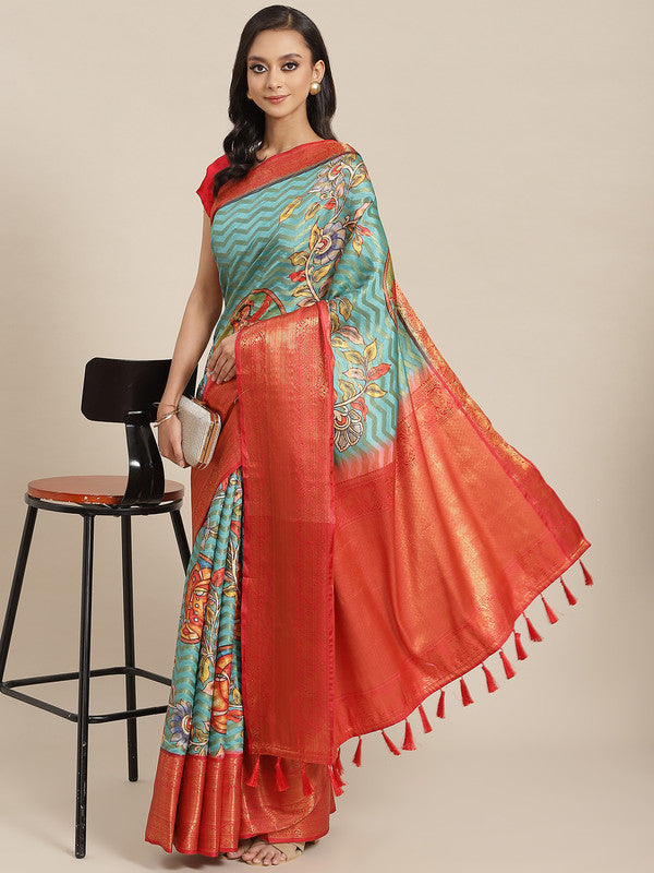 Turquoise art silk abstract printed saree with matching unstitched blouse