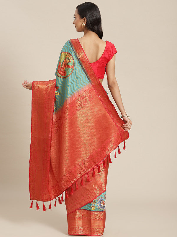 Turquoise Art Silk Printed Abstract Saree with Unstitched Blouse