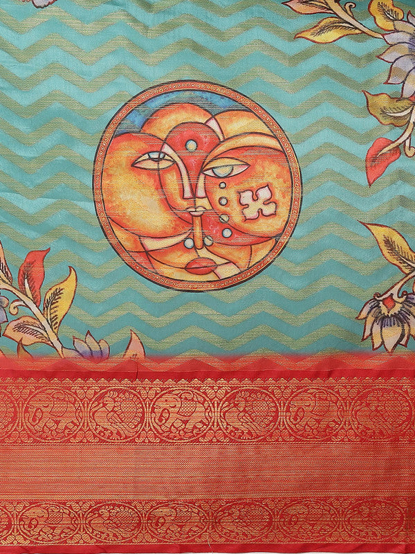 Turquoise Art Silk Printed Abstract Saree with Unstitched Blouse