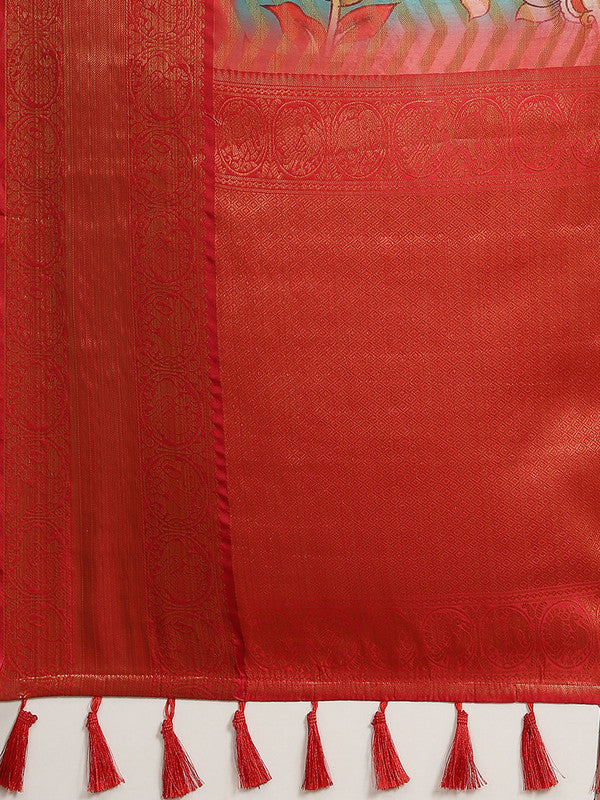Turquoise Art Silk Printed Abstract Saree with Unstitched Blouse
