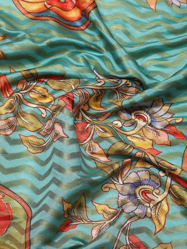 Turquoise Art Silk Printed Abstract Saree with Unstitched Blouse