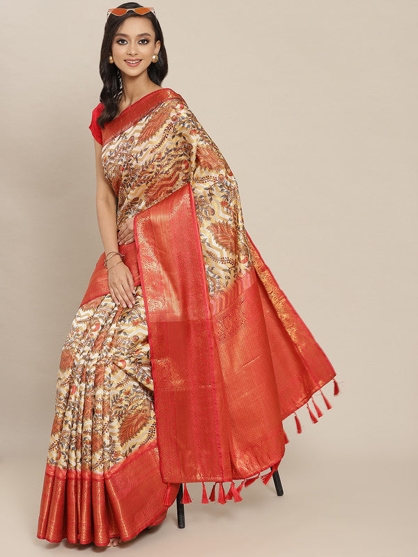 White art silk saree with abstract print and unstitched blouse