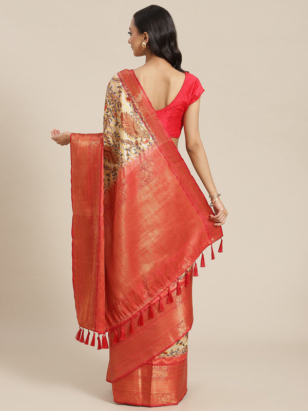 White Art Silk Printed Abstract Saree with Unstitched Blouse