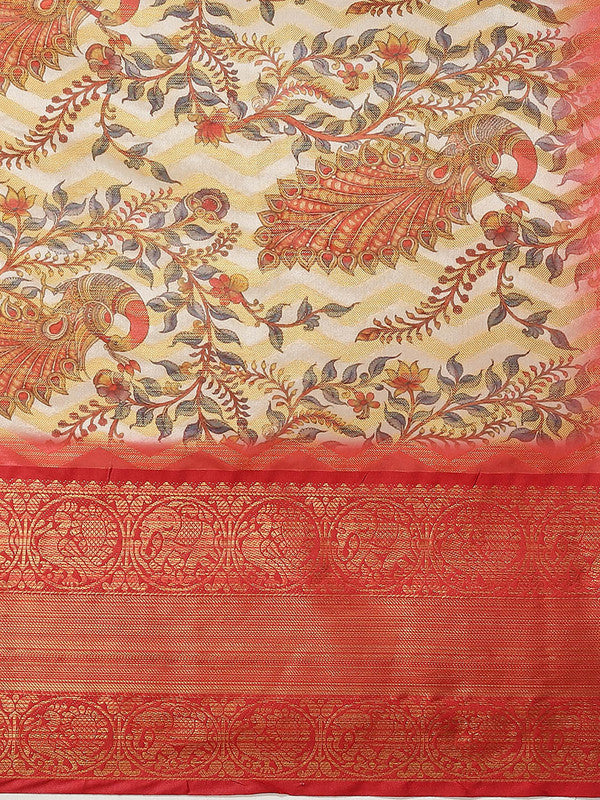White Art Silk Printed Abstract Saree with Unstitched Blouse